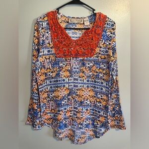 Life Style Women's Top with Orange & Blue Floral Pattern Crochet size small NWOT